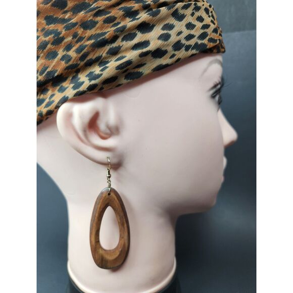 Plunder Wooden Teardrop Dangle Earrings Brown Natural Boho Lightweight Rustic - Picture 2 of 6